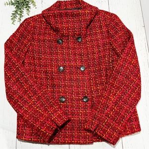 Talbots Petites Red & Pink Tweed Button Down Double Breasted Blazer Size 10P